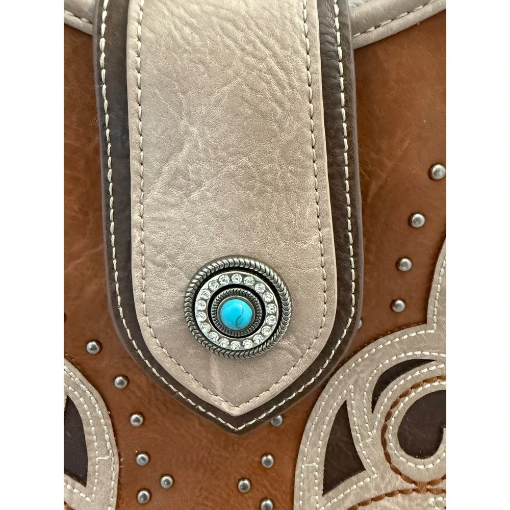 Montana West Western Tooled Shoulder Bag Tote Brown Tan Turquoise Concho Large